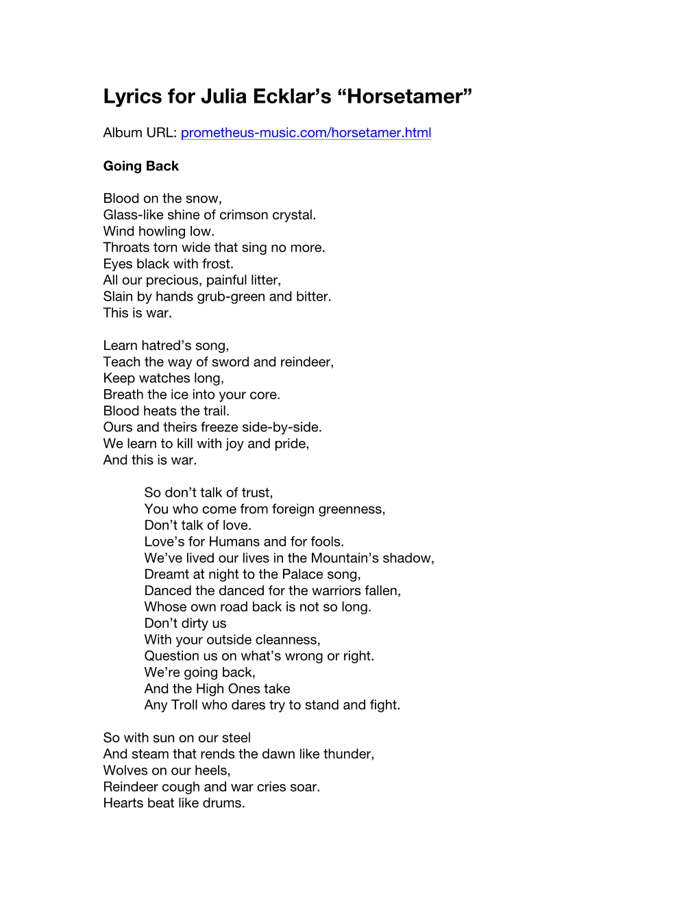 Lyrics for Julia Ecklar's “Horsetamer”
