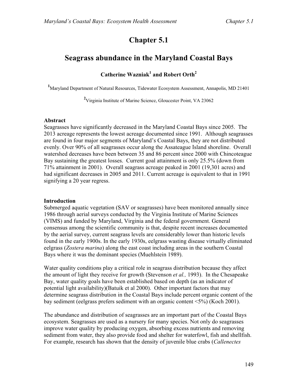 Chapter 5.1 Seagrass Abundance in the Maryland Coastal Bays