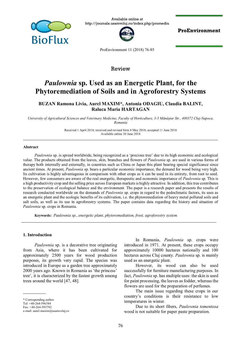 Paulownia Sp. Used As an Energetic Plant, for the Phytoremediation of Soils and in Agroforestry Systems