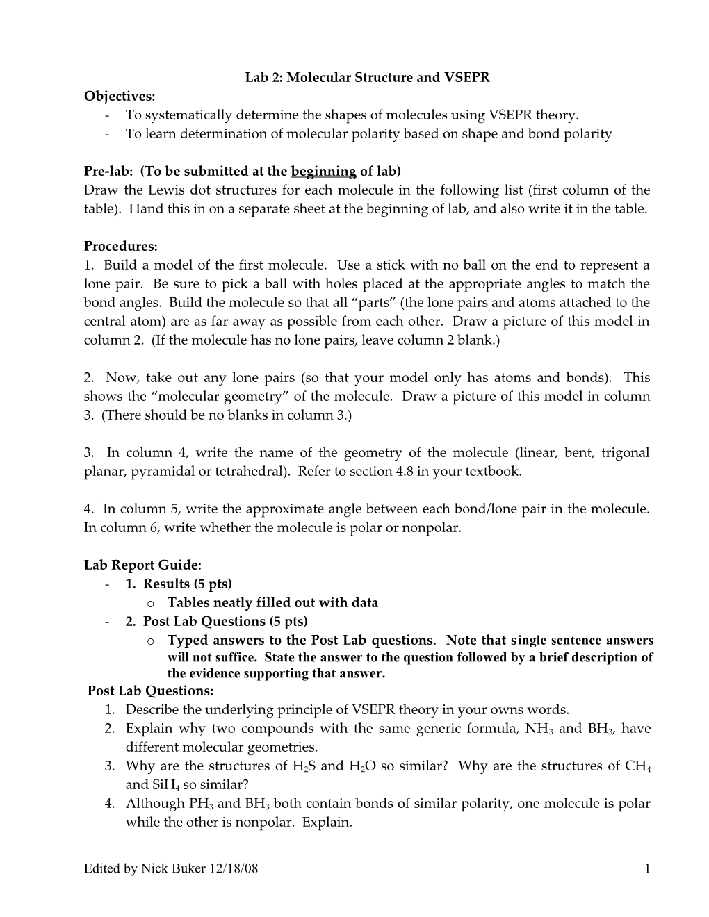 Lab 2: Molecular Structure and VSEPR