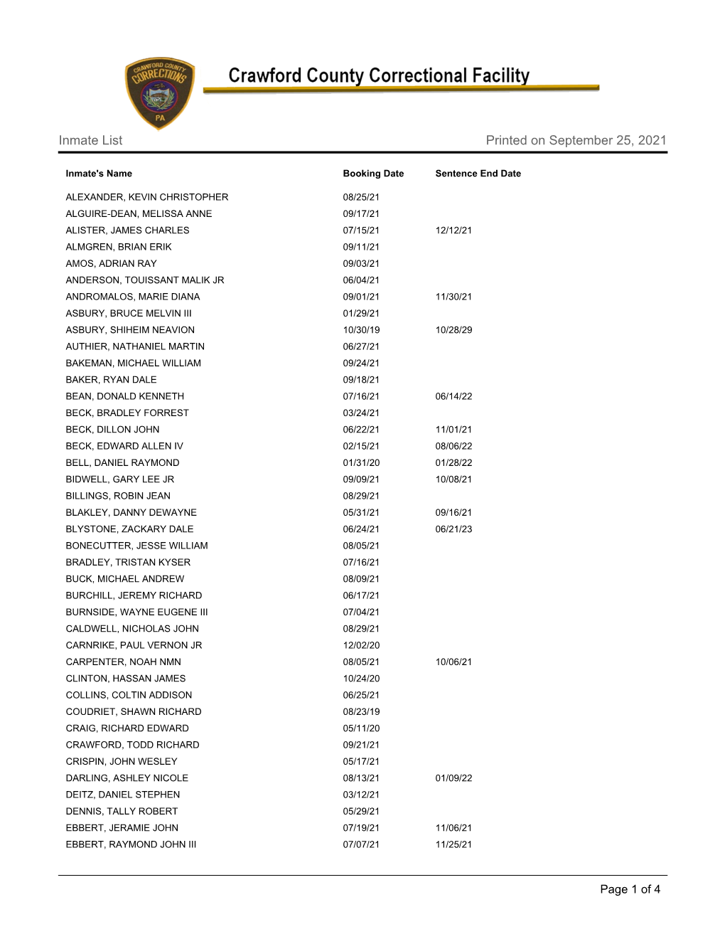 Inmate List Printed on September 3, 2021