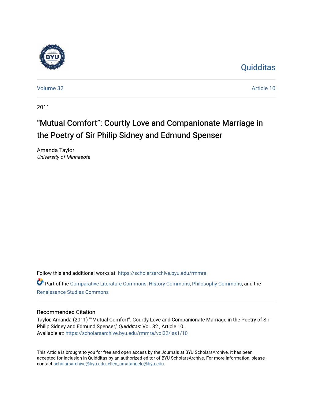 Courtly Love and Companionate Marriage in the Poetry of Sir Philip Sidney and Edmund Spenser