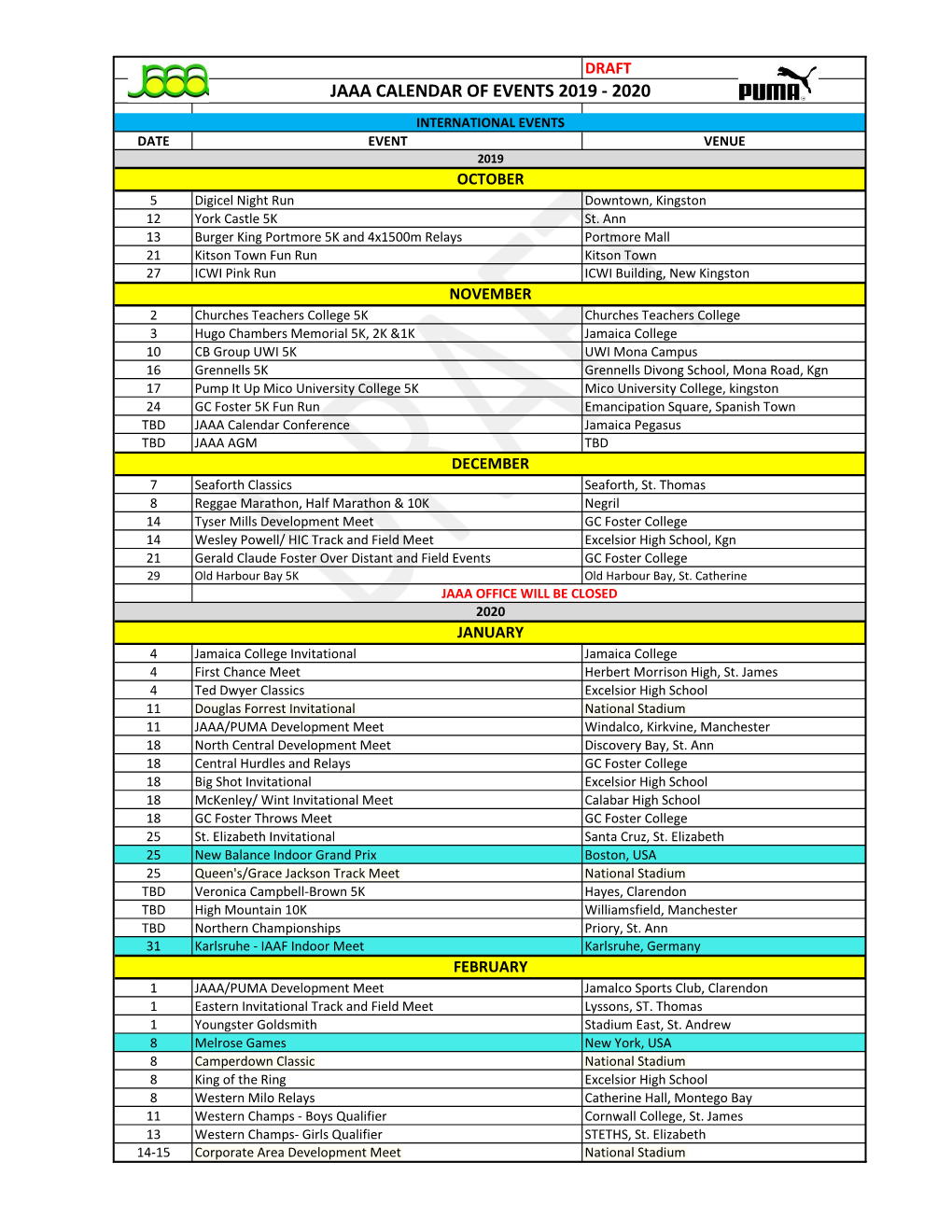 Jaaa Calendar of Events 2019 - 2020