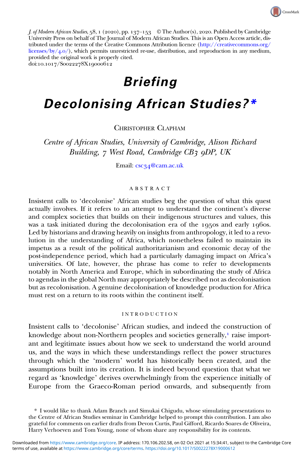 Briefing Decolonising African Studies?*