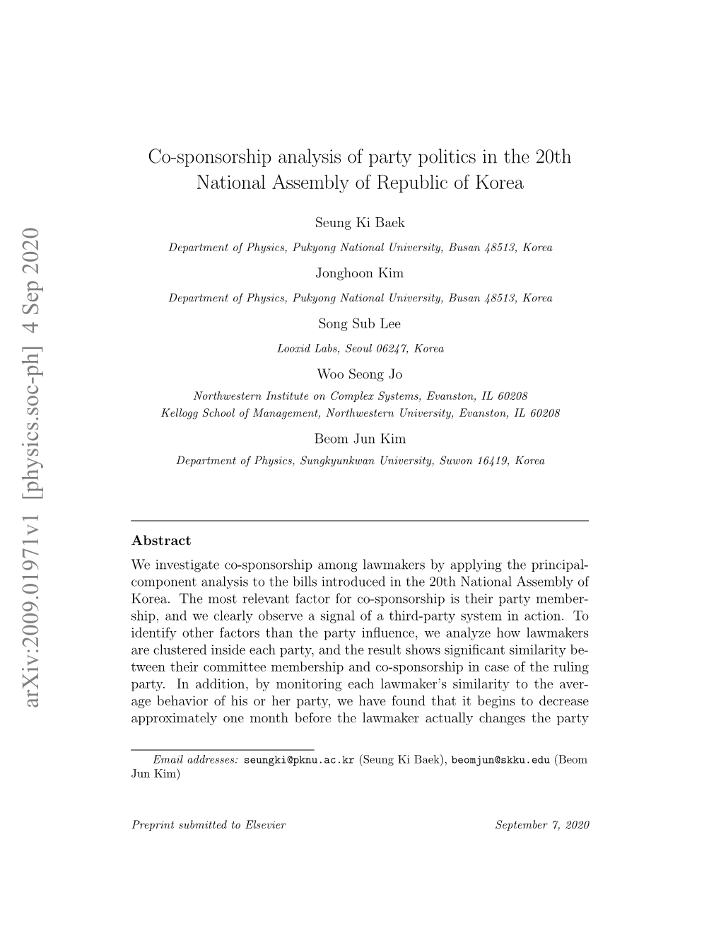Co-Sponsorship Analysis of Party Politics in the 20Th National Assembly of Republic of Korea