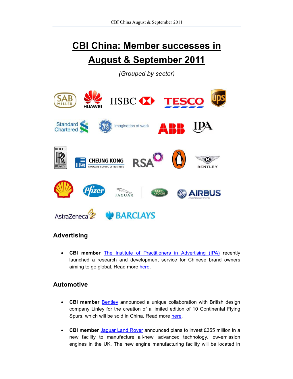 CBI China: Member Successes in August & September 2011