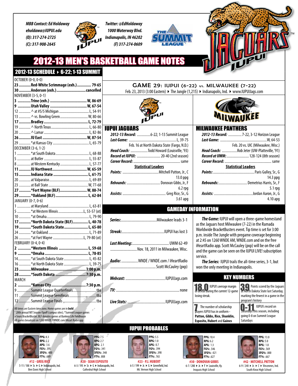 2012-13 Men's Basketball Game Notes