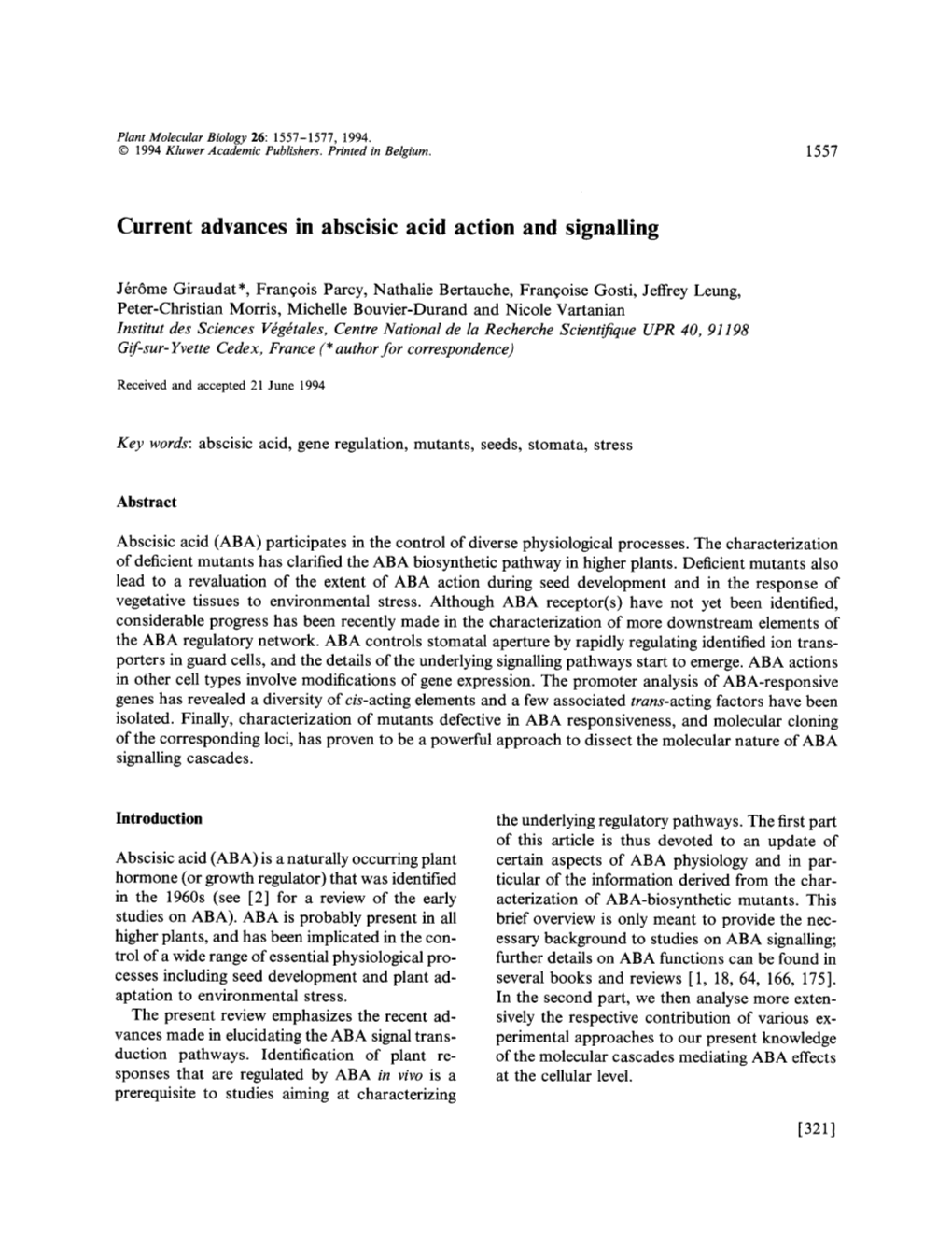 Current Advances in Abscisic Acid Action and Signalling