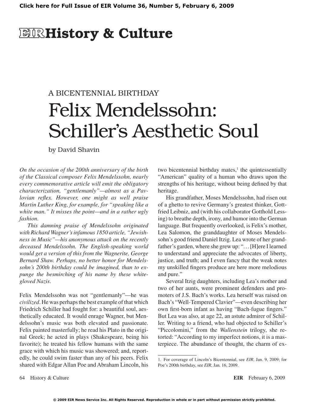 Felix Mendelssohn: Schiller's Aesthetic Soul