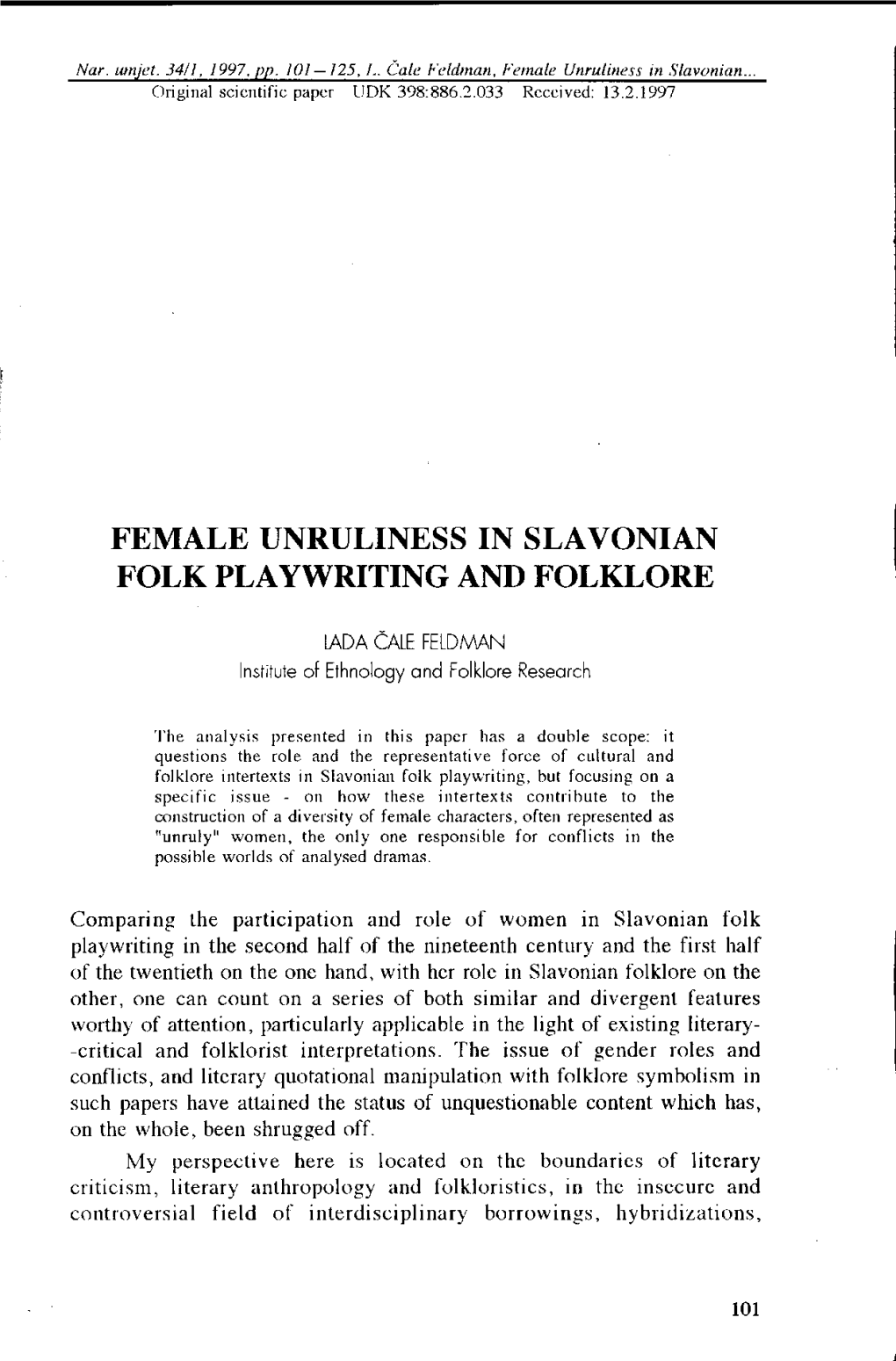 Female Unruliness in Slavonian Folk Playwriting and Folklore