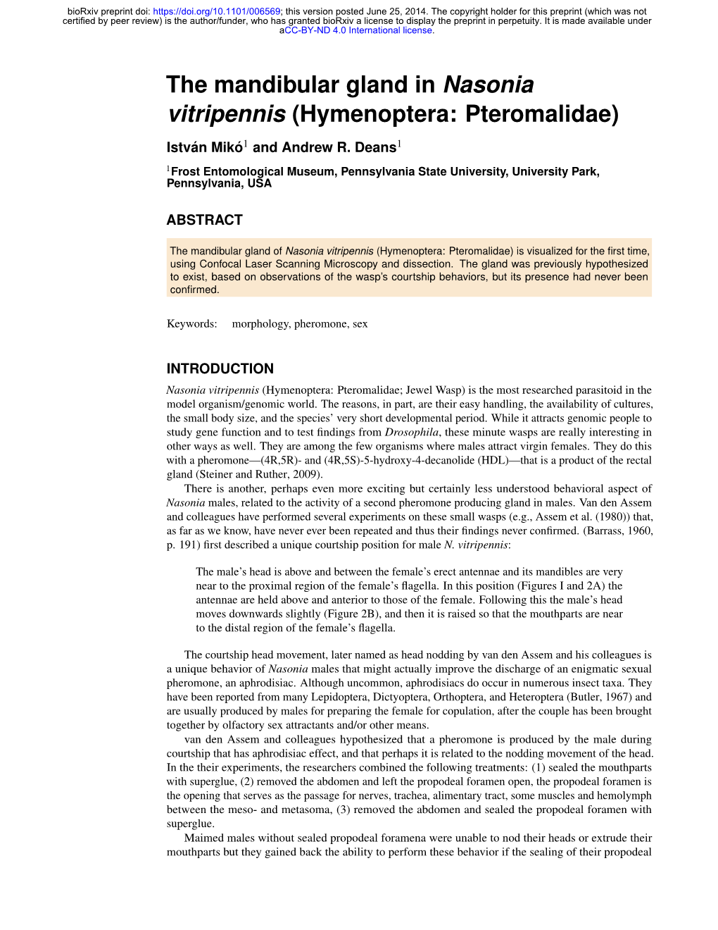 The Mandibular Gland in Nasonia Vitripennis (Hymenoptera: Pteromalidae)