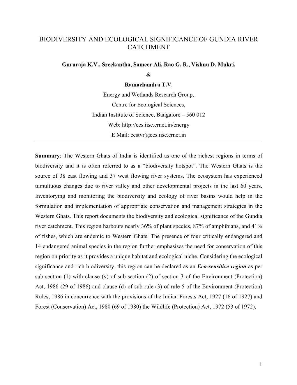 Biodiversity and Ecological Significance of Gundia River Catchment