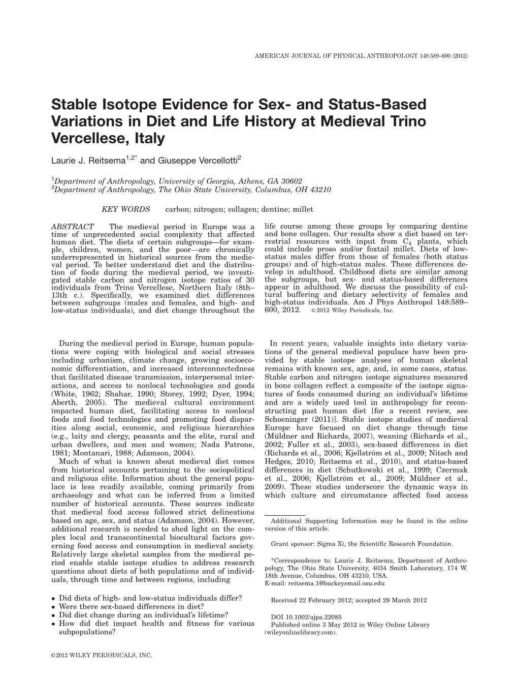 Stable Isotope Evidence for Sex- and Status-Based Variations in Diet and Life History at Medieval Trino Vercellese, Italy Laurie J