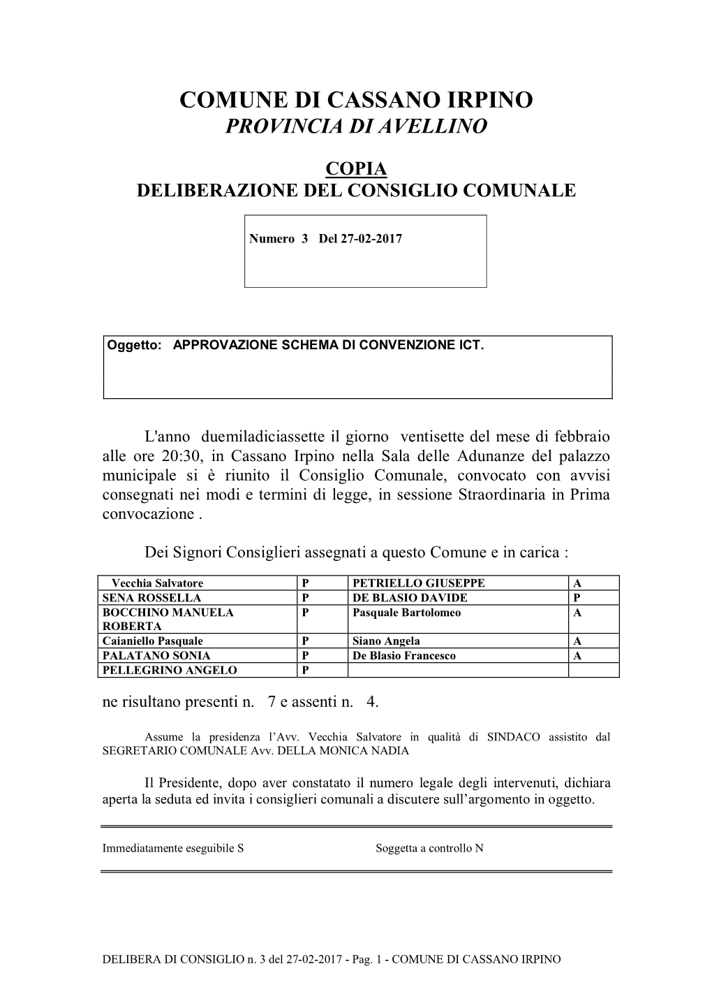 Comune Di Cassano Irpino Provincia Di Avellino Copia Deliberazione Del
