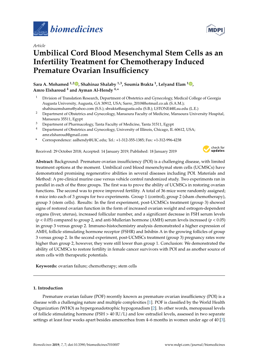 Umbilical Cord Blood Mesenchymal Stem Cells As an Infertility Treatment for Chemotherapy Induced Premature Ovarian Insufﬁciency