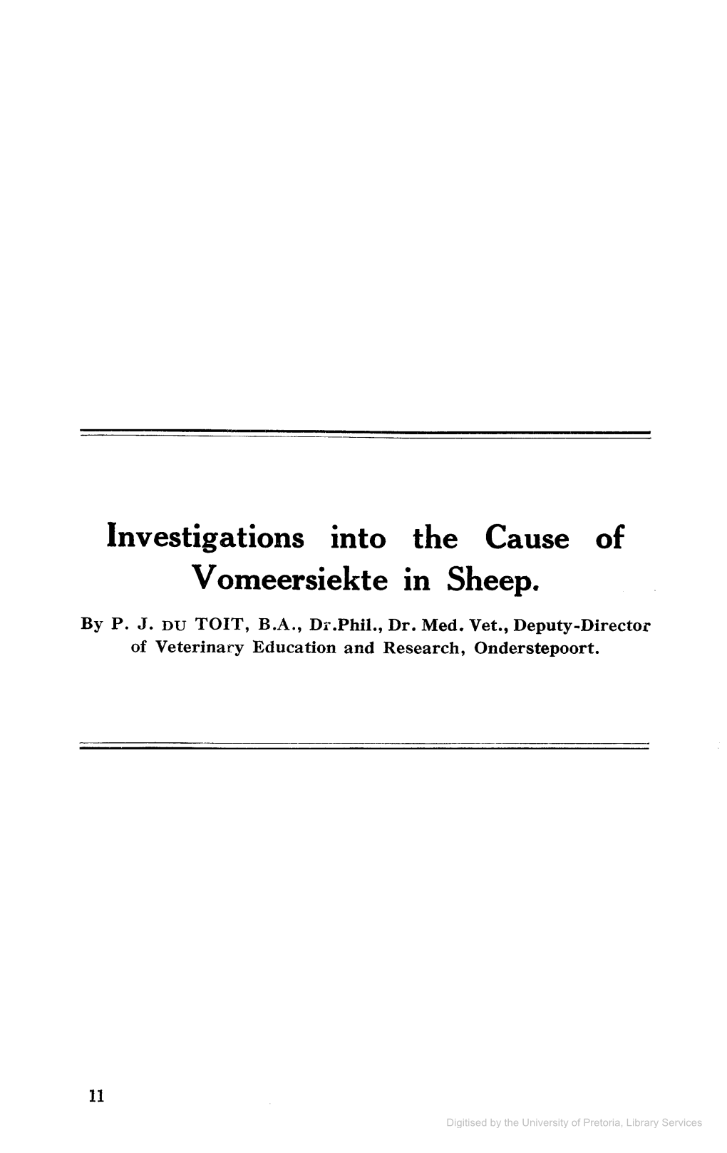 Investigations Into the Cause of V Omeersiekte in Sheep