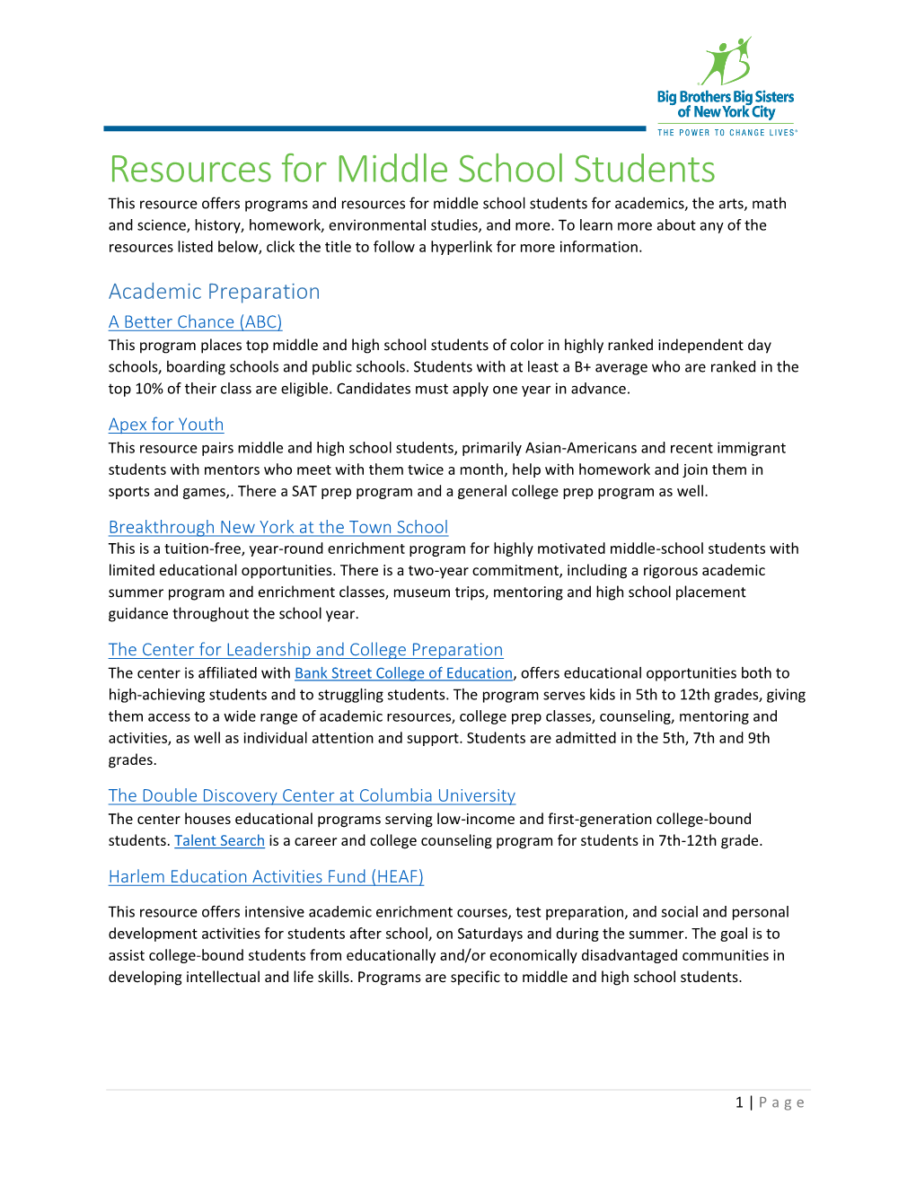 Resources for Middle School Students