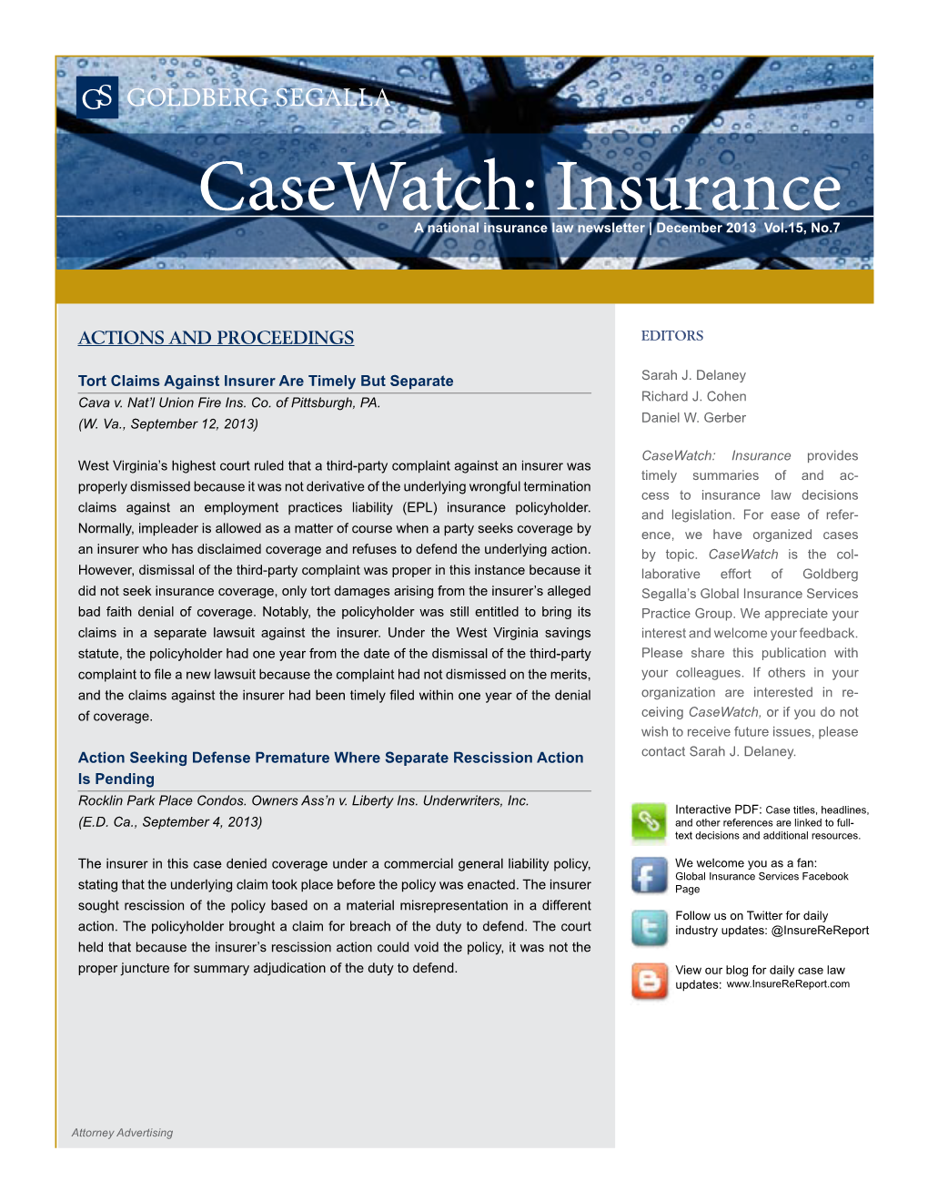 Casewatch: Insurance a National Insurance Law Newsletter | December 2013 Vol.15, No.7