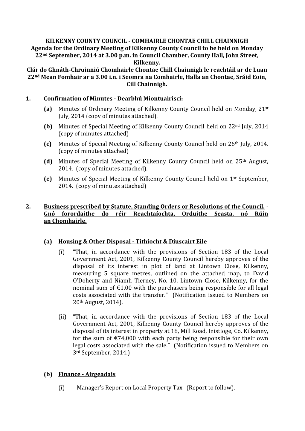 Agenda for the Ordinary Meeting of Kilkenny County Council to Be Held on Monday 22Nd September, 2014 at 3.00 P.M