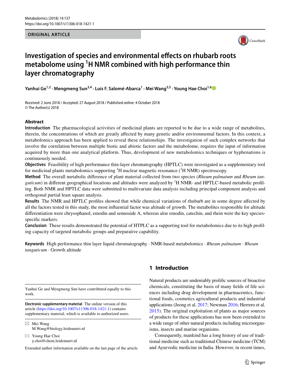 Investigation of Species and Environmental Effects on Rhubarb Roots Metabolome Using 1H NMR Combined with High Performance Thin Layer Chromatography