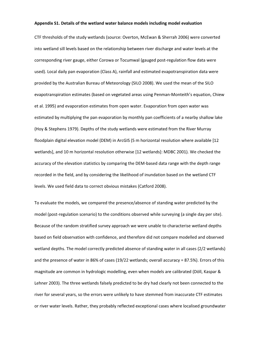 Appendix S1. Details of the Wetland Water Balance Models Including Model Evaluation