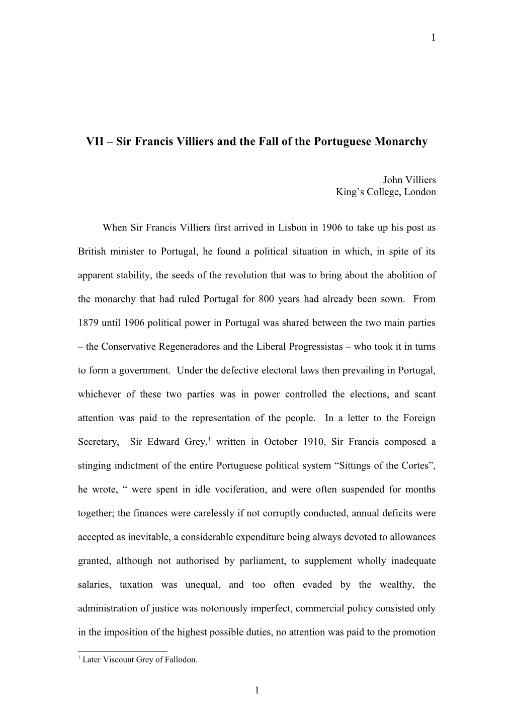 Sir Francis Villiers and the Fall of the Portuguese Monarchy