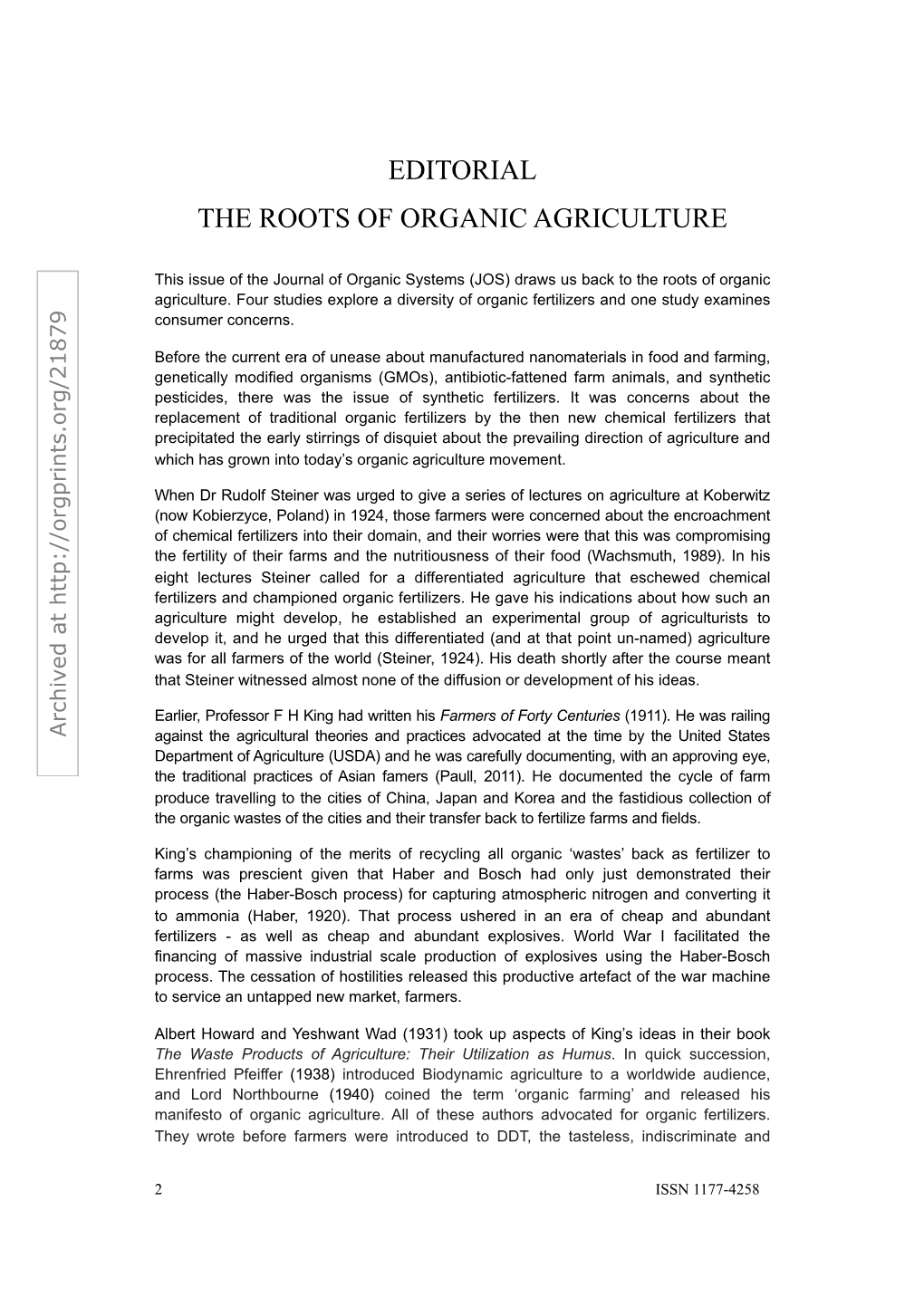 Editorial the Roots of Organic Agriculture