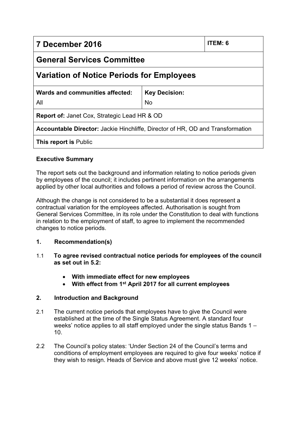 General Services Committee Variation of Notice Periods for Employees