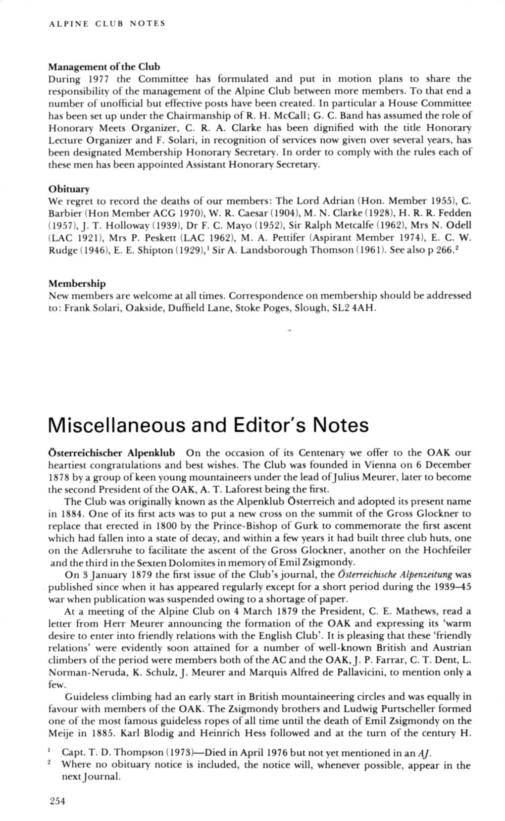 Miscellaneous and Editor's Notes