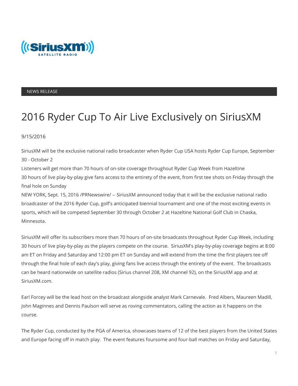 2016 Ryder Cup to Air Live Exclusively on Siriusxm