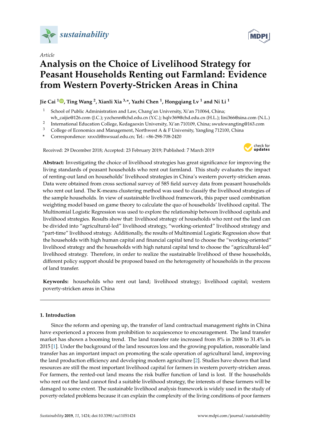 Analysis on the Choice of Livelihood Strategy for Peasant Households Renting out Farmland: Evidence from Western Poverty-Stricken Areas in China