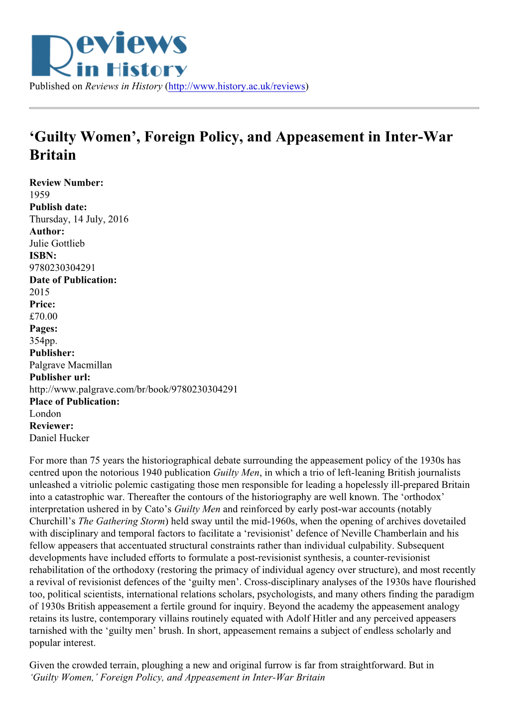 ‚Guilty Women™, Foreign Policy, and Appeasement in Inter-War Britain