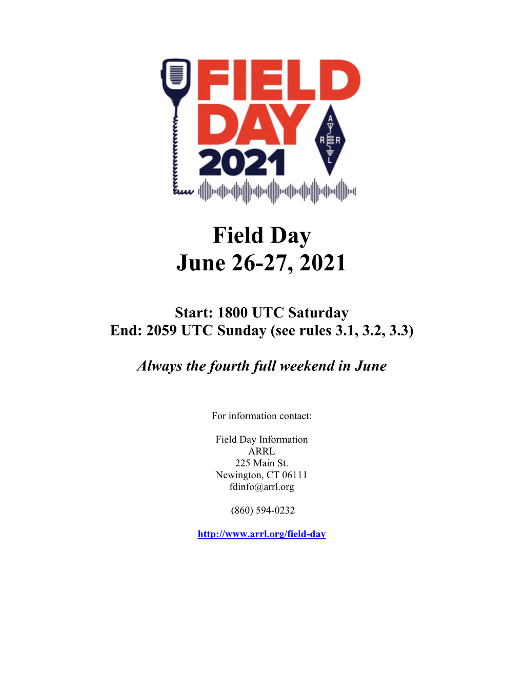 Field Day June 26-27, 2021