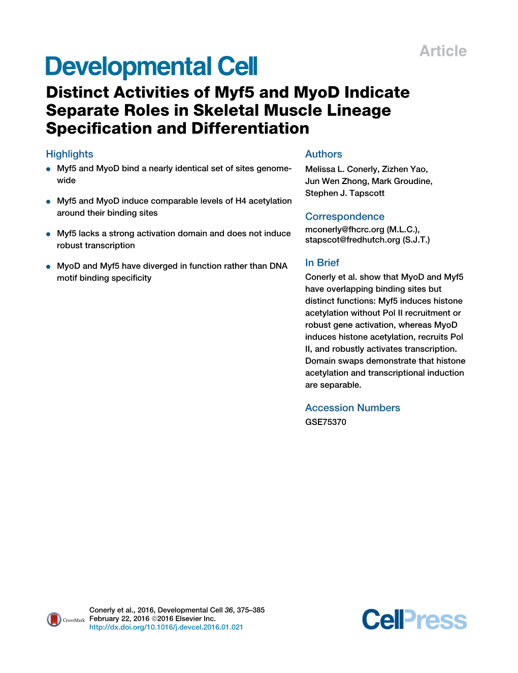 Distinct Activities of Myf5 and Myod Indicate Separate Roles in Skeletal Muscle Lineage Speciﬁcation and Differentiation