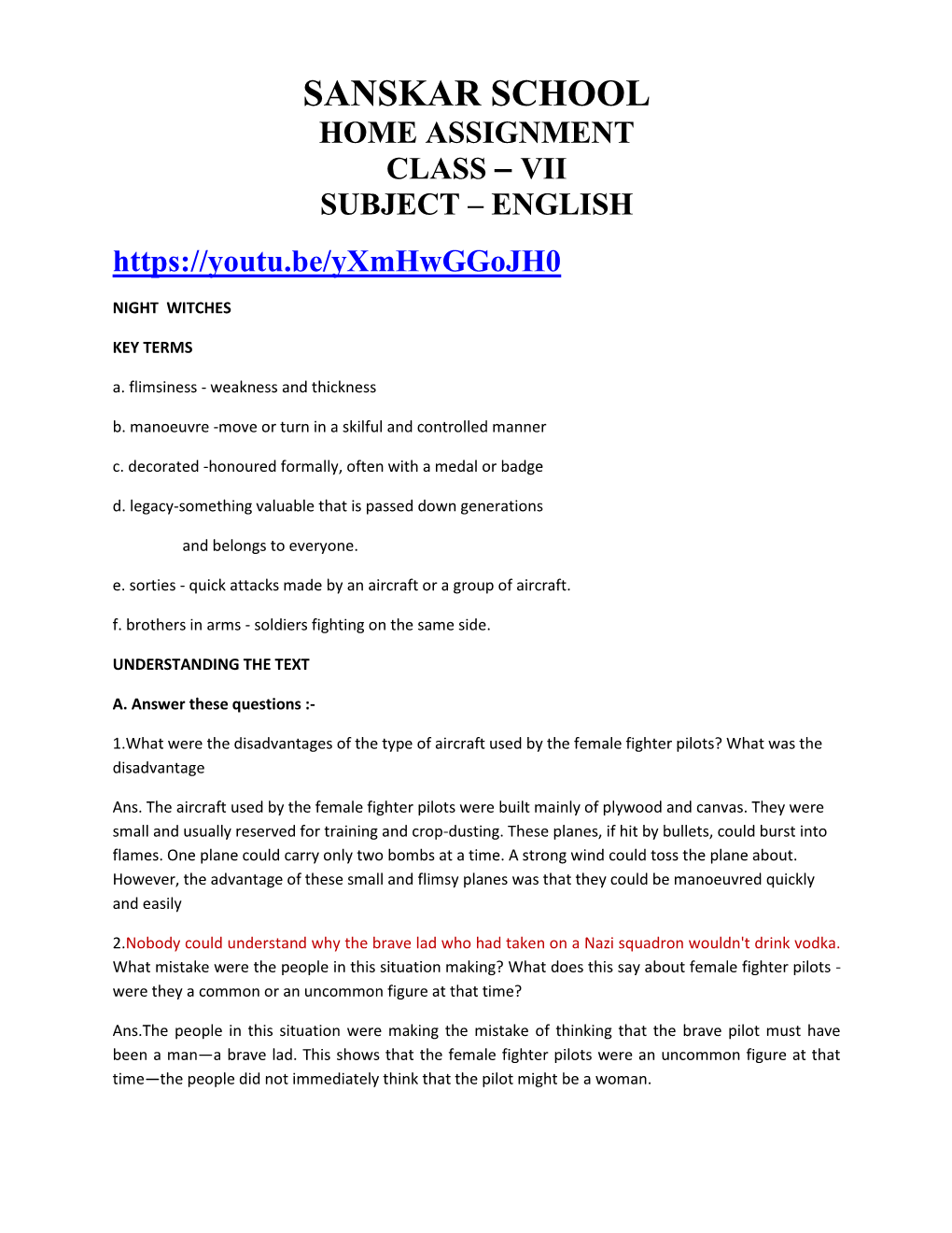 Sanskar School Home Assignment Class – Vii Subject – English