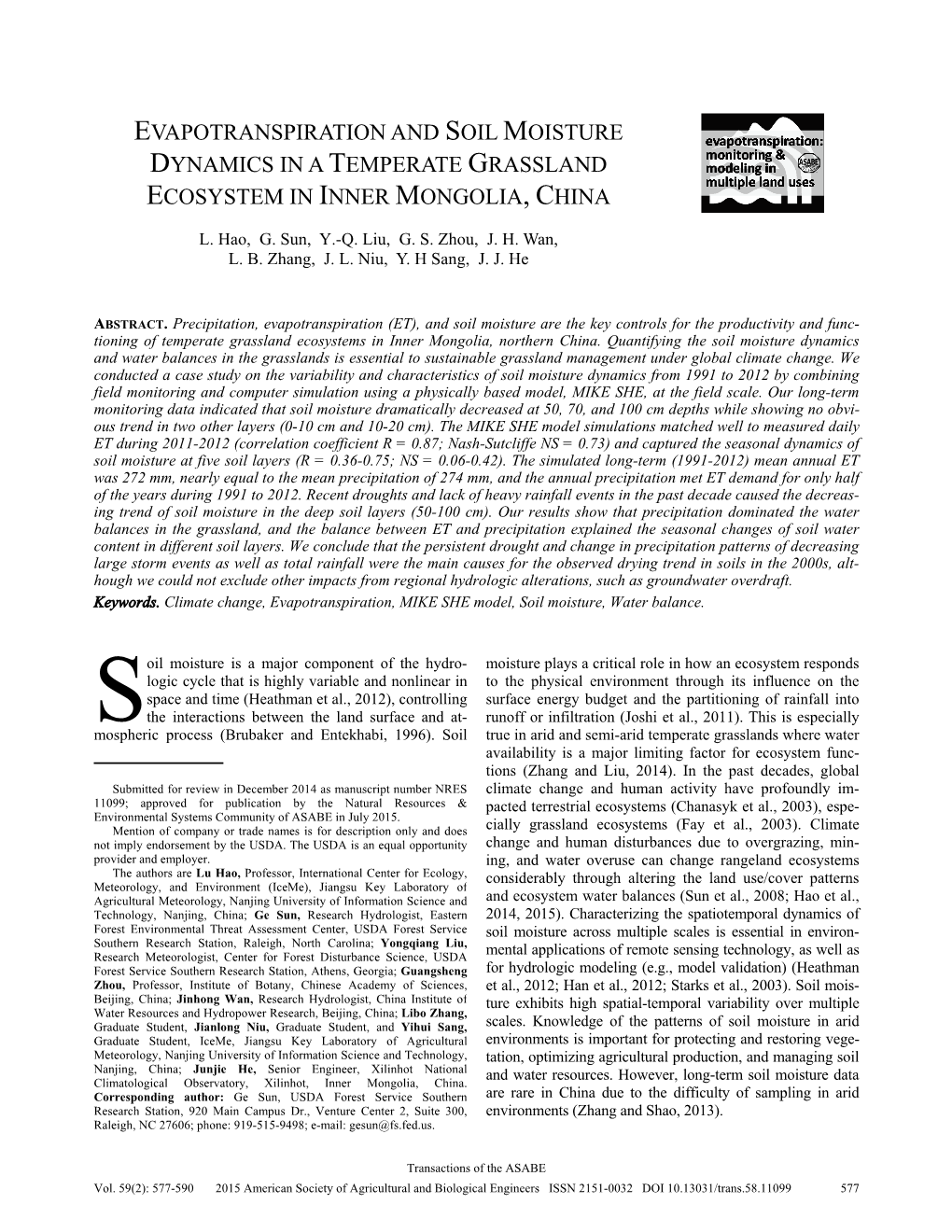 Evapotranspiration and Soil Moisture Dynamics in a Temperate Grassland Ecosystem in Inner Mongolia, China L