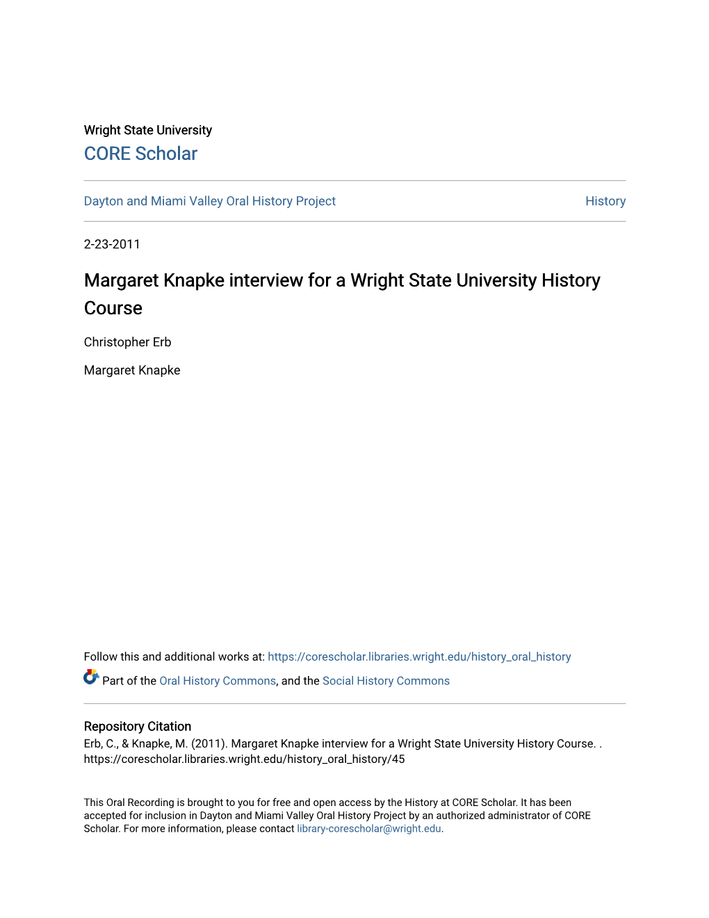 Margaret Knapke Interview for a Wright State University History Course