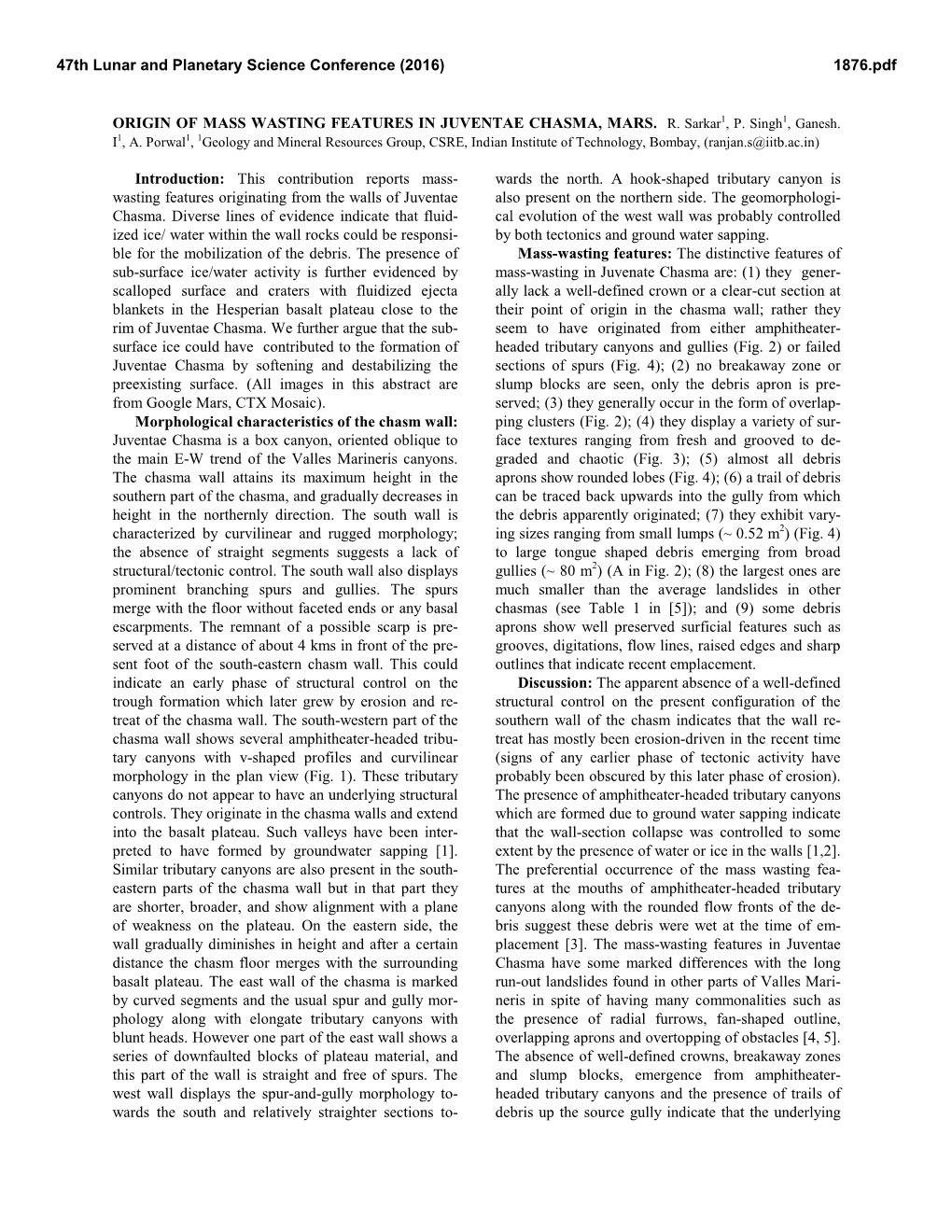 Origin of Mass Wasting Features in Juventae Chasma, Mars