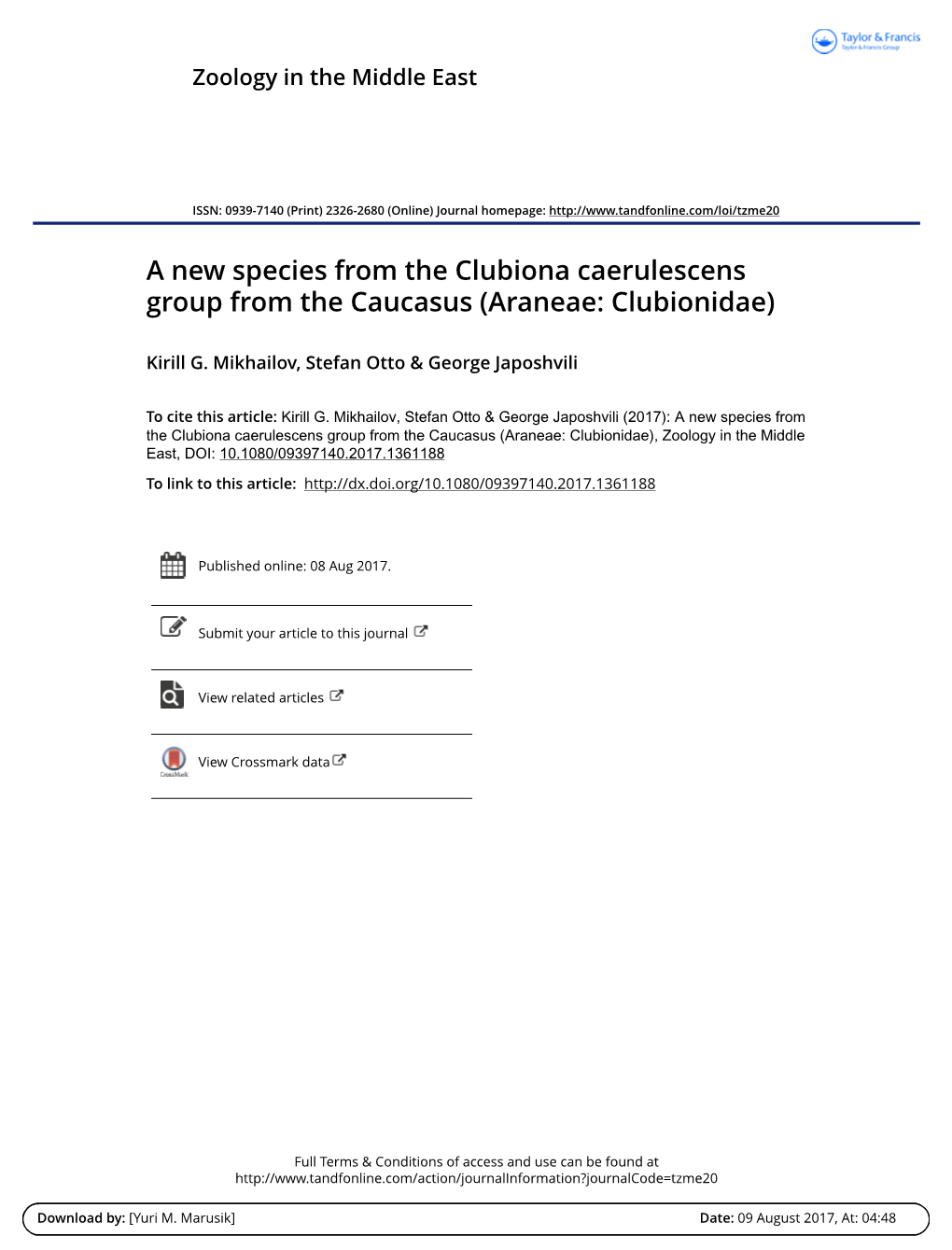 A New Species from the Clubiona Caerulescens Group from the Caucasus (Araneae: Clubionidae)