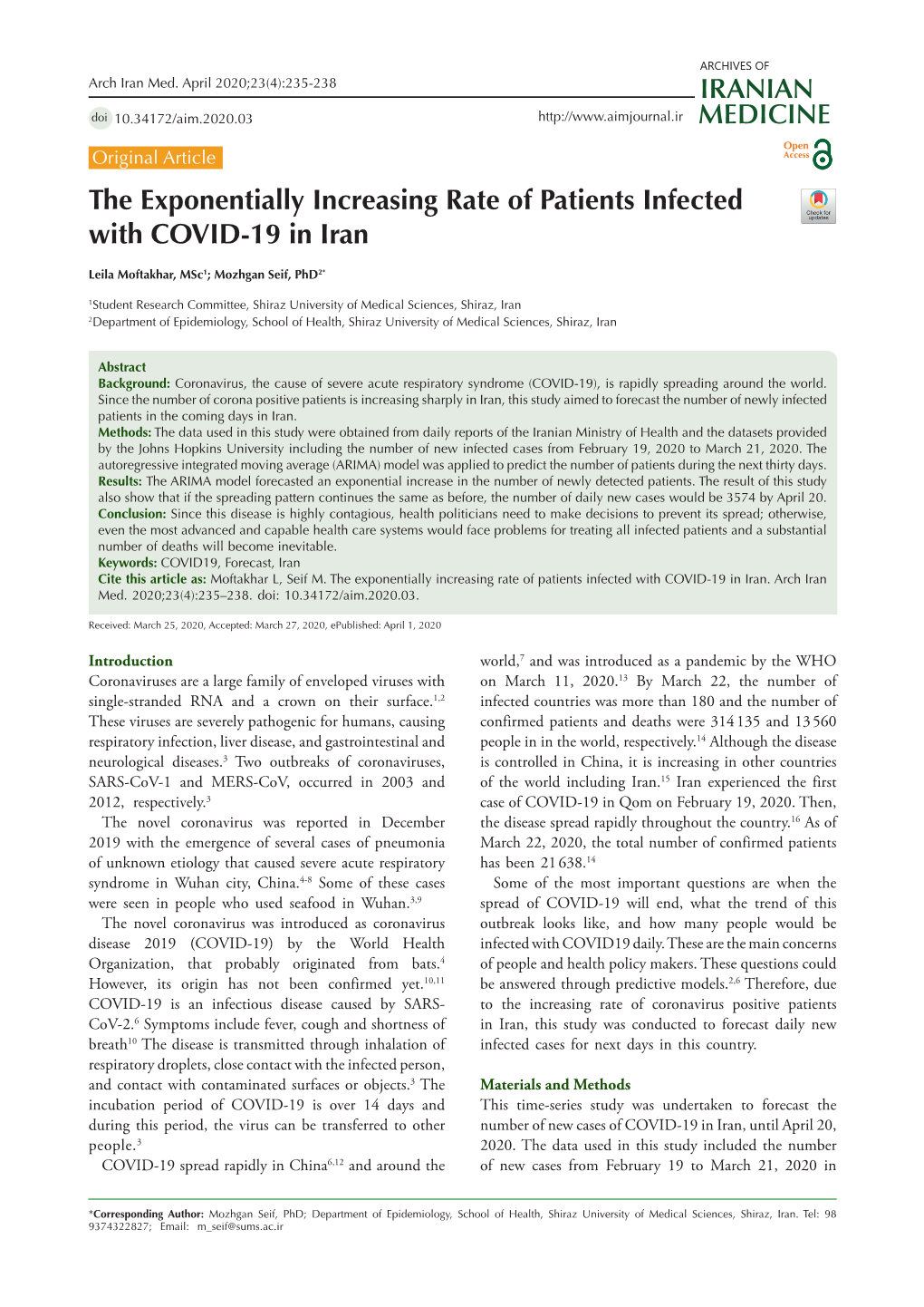 The Exponentially Increasing Rate of Patients Infected with COVID-19 in Iran