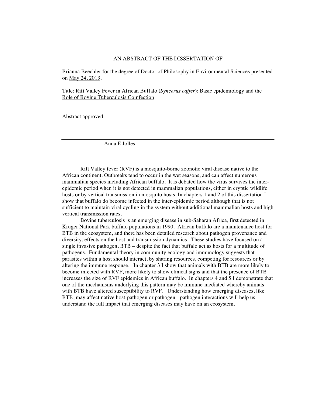 Rift Valley Fever in African Buffalo (Syncerus Caffer): Basic Epidemiology and the Role of Bovine Tuberculosis Coinfection