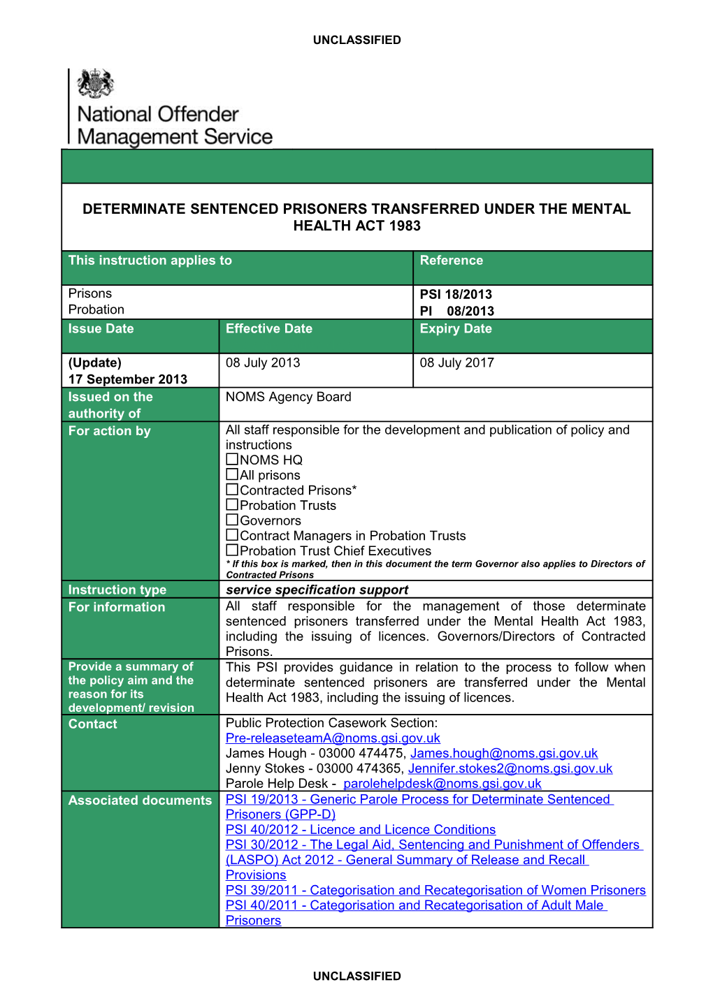 Determinate Sentenced Prisoners Transferred Under the Mental Health Act 1983 - Psi 18/2013