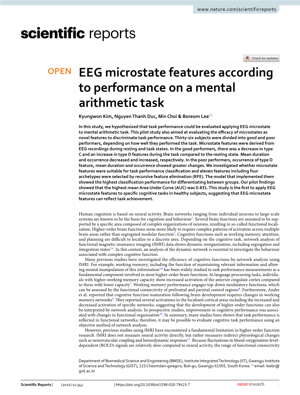 EEG Microstate Features According to Performance on a Mental Arithmetic Task Kyungwon Kim, Nguyen Thanh Duc, Min Choi & Boreom Lee*