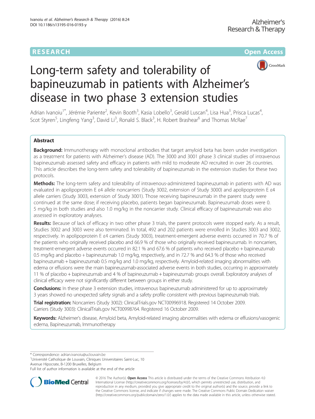 Long-Term Safety and Tolerability of Bapineuzumab in Patients With