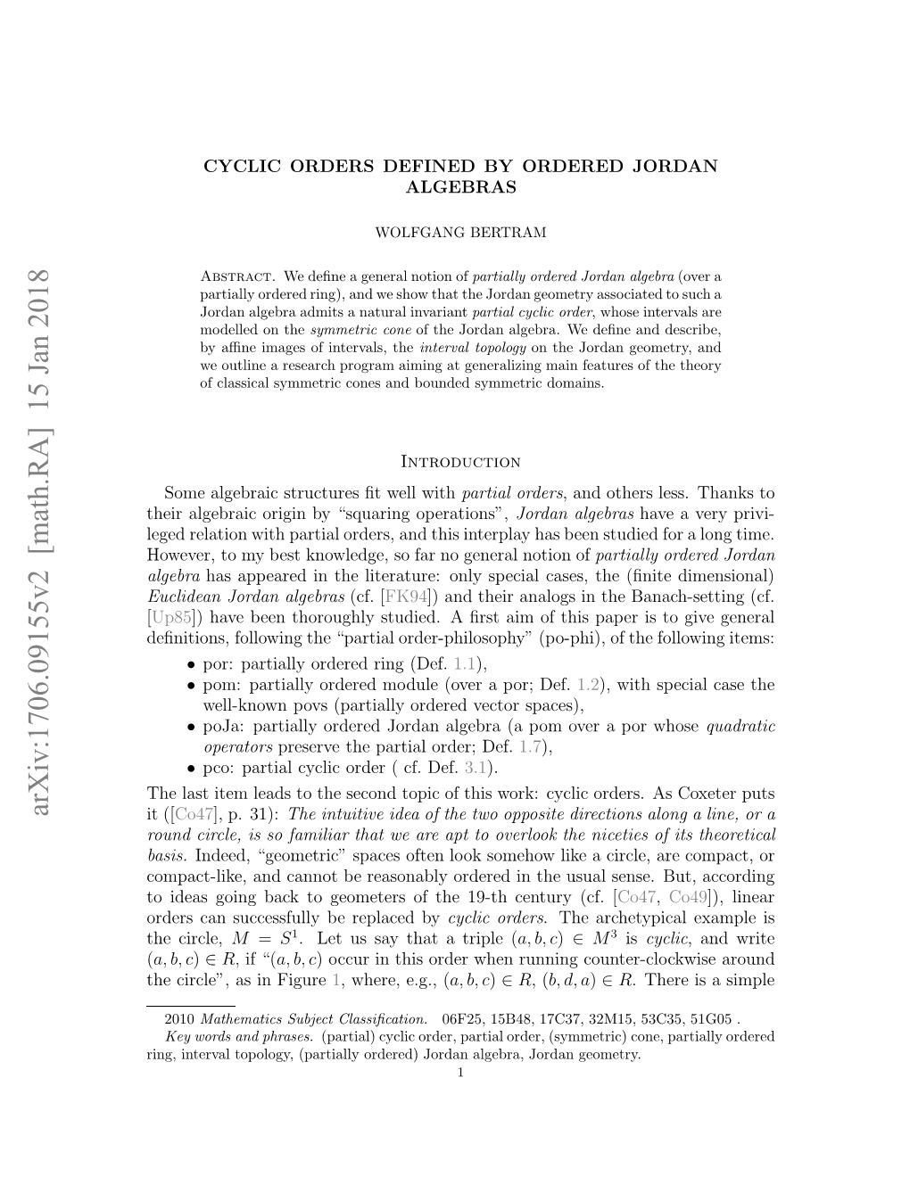 CYCLIC ORDERS DEFINED by ORDERED JORDAN ALGEBRAS 3 with the Usual Topology (Theorem 4.7)