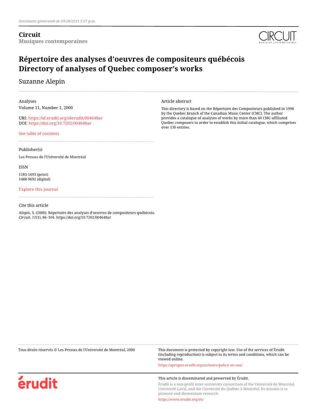 Répertoire Des Analyses D'oeuvres De Compositeurs Québécois