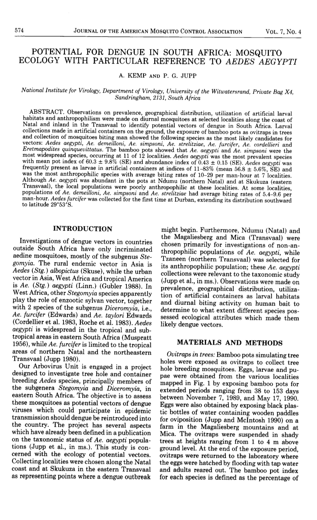 Potential for Dengue in South Africa: Mosquito Ecologywith Particular Referenceto Aedes Aegypti