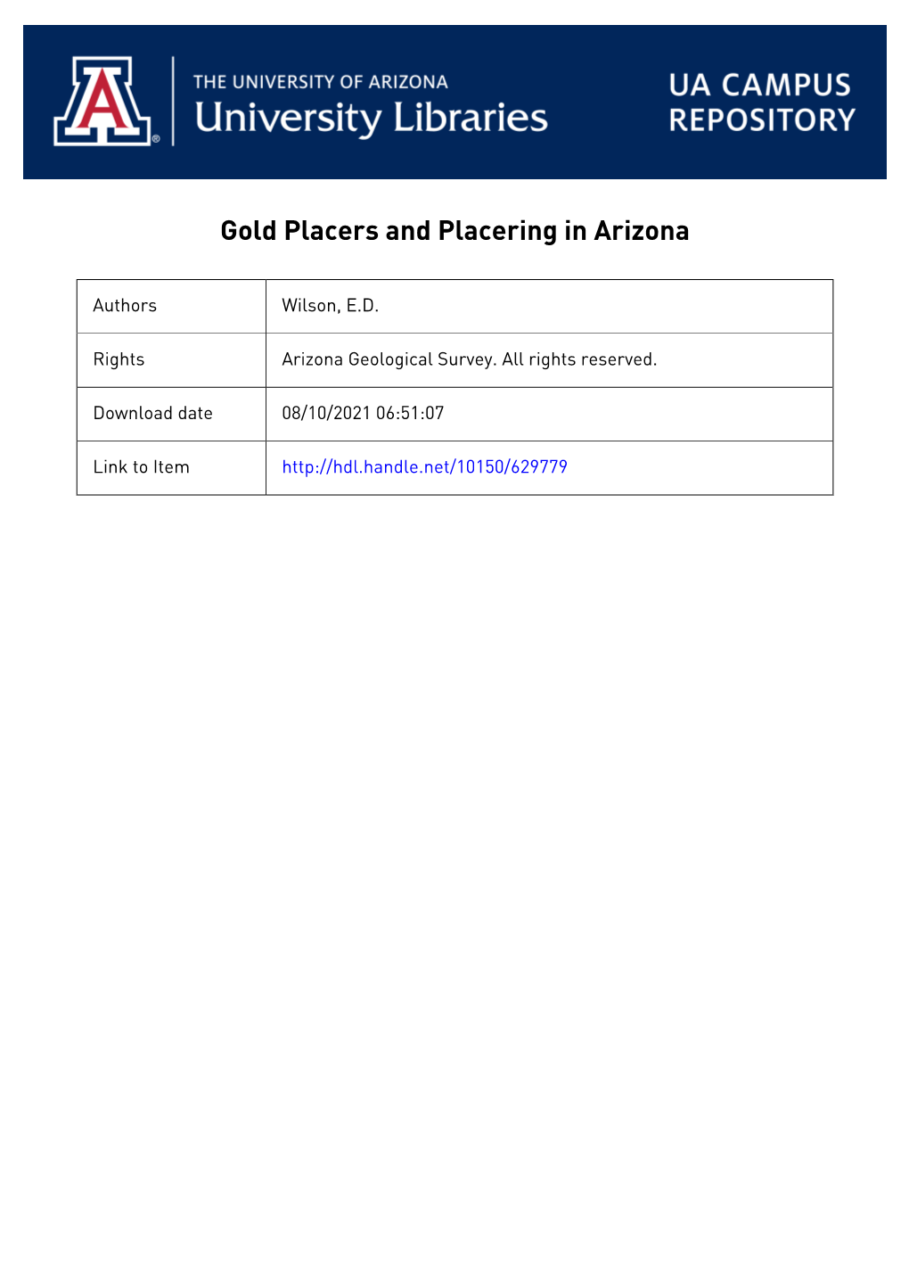 Gold Placers and Placering in Arizona