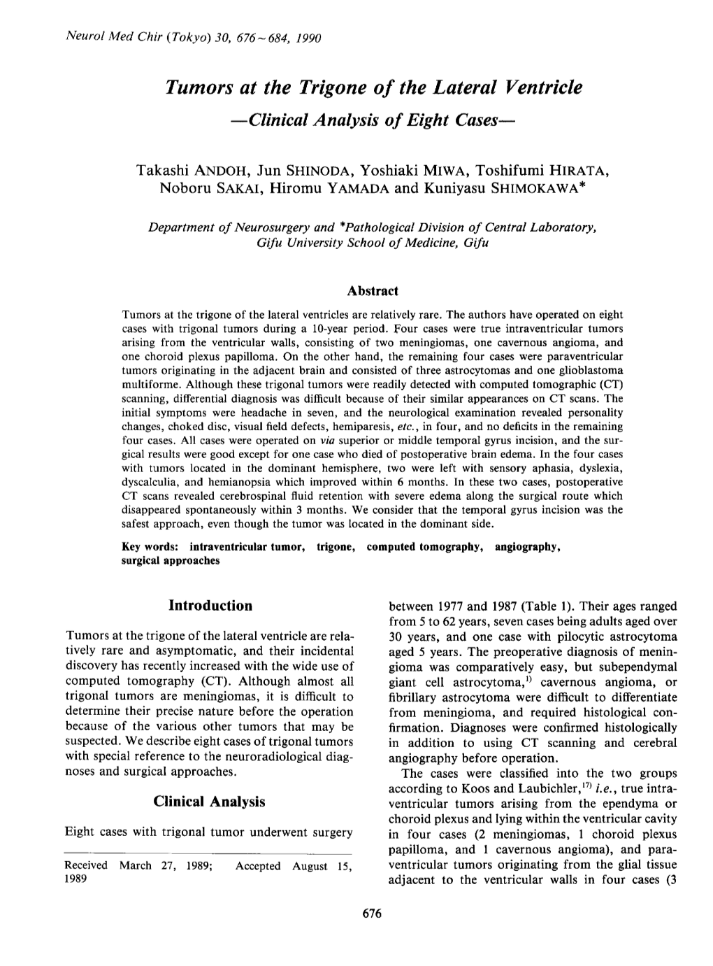 Tumors at the Trigone of the Lateral Ventricle Clinical Analysis of Eight Cases