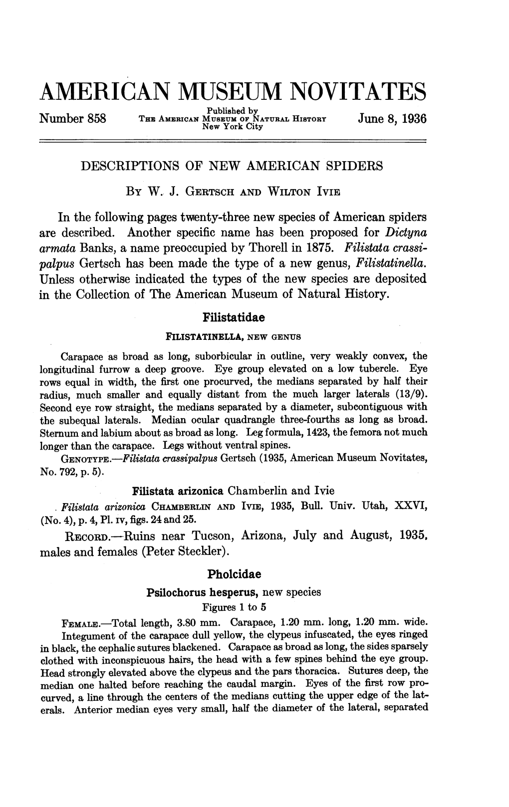 AMERICAN MUSEUM NOVITATES Published by Number 858 TEE AMERICAN MUSE/UM of NATURAL HISTORY June 8, 1936 New York City